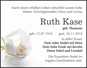 Traueranzeige von Ruth Kase von WVG - Wochenspiegel Wittenberg