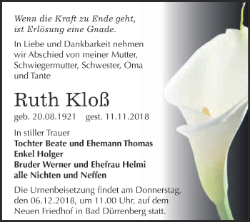 Traueranzeige von Ruth Kloß von Super Sonntag Merseburg