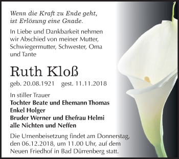 Traueranzeige von Ruth Kloß von Mitteldeutsche Zeitung Merseburg/Querfurt