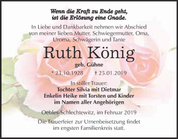 Traueranzeige von Ruth König von Super Sonntag Merseburg