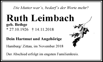 Traueranzeige von Ruth Leimbach von Mitteldeutsche Zeitung Aschersleben