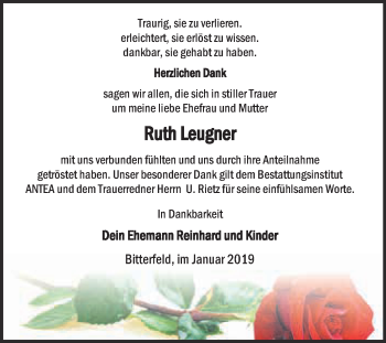 Traueranzeige von Ruth Leugner von WVG - Wochenspiegel Dessau / Köthen