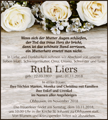Traueranzeige von Ruth Liers von WVG - Wochenspiegel NMB / WSF / ZTZ