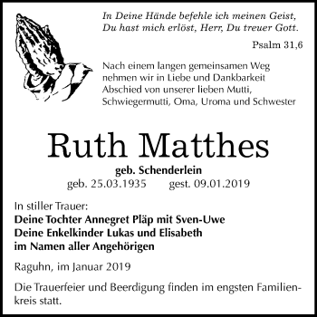 Traueranzeige von Ruth Matthes von Mitteldeutsche Zeitung Bitterfeld