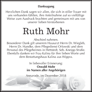 Traueranzeige von Ruth Mohr von Super Sonntag SGH Mansf. Land