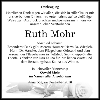 Traueranzeige von Ruth Mohr von Mitteldeutsche Zeitung Mansfelder Land