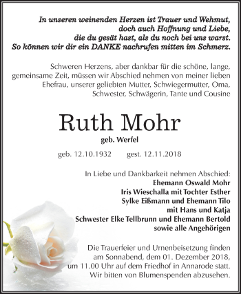 Traueranzeige von Ruth Mohr von Mitteldeutsche Zeitung Mansfelder Land