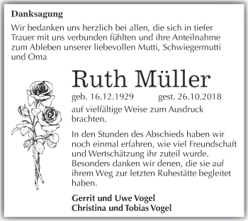 Traueranzeige von Ruth Müller von WVG - Wochenspiegel Wittenberg