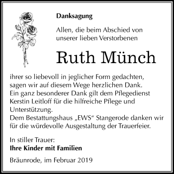 Traueranzeige von Ruth Münch von Mitteldeutsche Zeitung Mansfelder Land