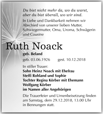 Traueranzeige von Ruth Noack von Mitteldeutsche Zeitung Sangerhausen