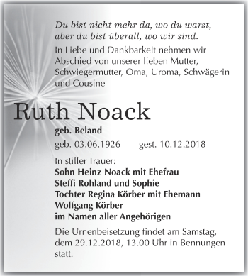 Traueranzeige von Ruth Noack von WVG - Wochenspiegel SGH