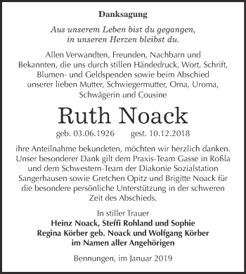 Traueranzeige von Ruth Noack von WVG - Wochenspiegel SGH