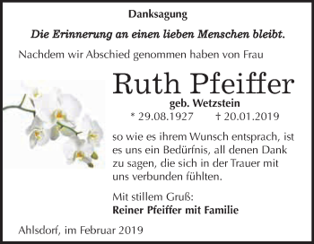 Traueranzeige von Ruth Pfeiffer von Wochenspiegel Mansfelder Land