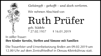 Traueranzeige von Ruth Prüfer von Mitteldeutsche Zeitung Dessau-Roßlau