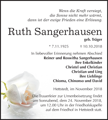 Traueranzeige von Ruth Sangerhausen von Mitteldeutsche Zeitung Mansfelder Land