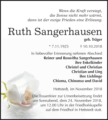 Traueranzeige von Ruth Sangerhausen von Super Sonntag SGH Mansf. Land