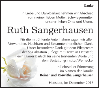 Traueranzeige von Ruth Sangerhausen von Mitteldeutsche Zeitung Mansfelder Land