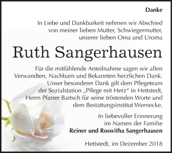 Traueranzeige von Ruth Sangerhausen von Wochenspiegel Mansfelder Land
