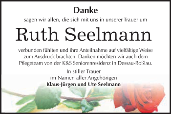 Traueranzeige von Ruth Seelmann von WVG - Wochenspiegel Dessau / Köthen