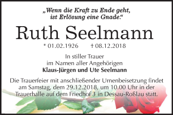 Traueranzeige von Ruth Seelmann von Mitteldeutsche Zeitung Dessau-Roßlau
