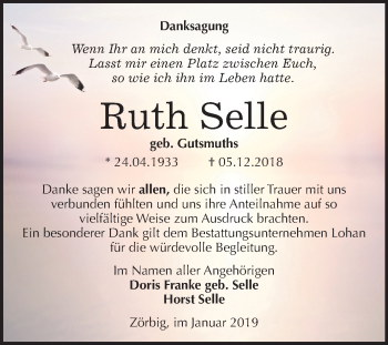 Traueranzeige von Ruth Selle von Mitteldeutsche Zeitung Bitterfeld