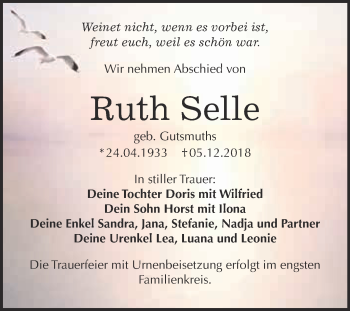 Traueranzeige von Ruth Selle von WVG - Wochenspiegel Bitterfeld
