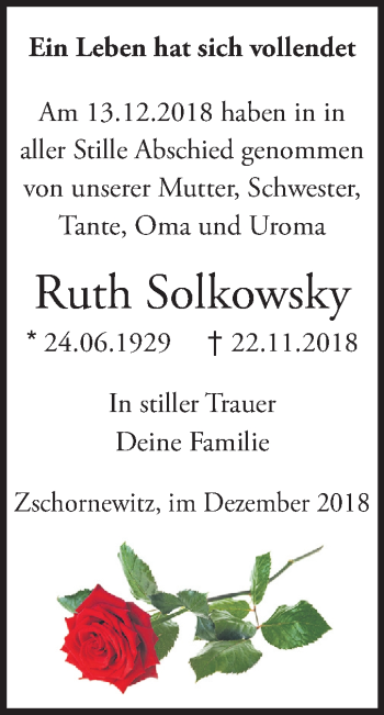 Traueranzeige von Ruth Solkowsky von Mitteldeutsche Zeitung Wittenberg