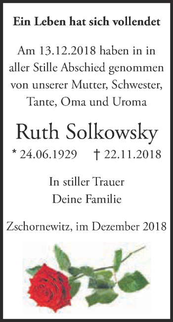 Traueranzeige von Ruth Solkowsky von Super Sonntag Wittenberg