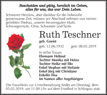 Traueranzeige von Ruth Teschner von Mitteldeutsche Zeitung Merseburg/Querfurt