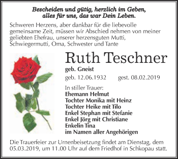 Traueranzeige von Ruth Teschner von WVG - Wochenspiegel Merseburg