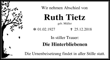Traueranzeige von Ruth Tietz von WVG - Wochenspiegel Dessau / Köthen