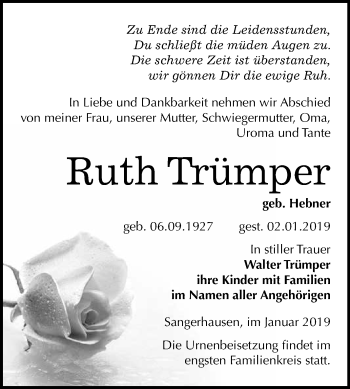 Traueranzeige von Ruth Trümper von Super Sonntag SGH Mansf. Land