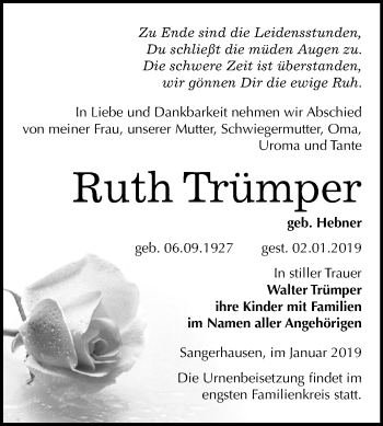 Traueranzeige von Ruth Trümper von Mitteldeutsche Zeitung Sangerhausen