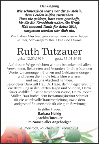 Traueranzeige von Ruth Tutzauer von WVG - Wochenspiegel NMB / WSF / ZTZ