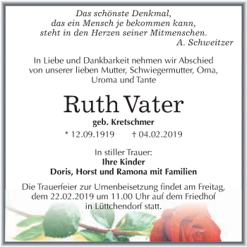 Traueranzeige von Ruth Vater von Wochenspiegel Mansfelder Land