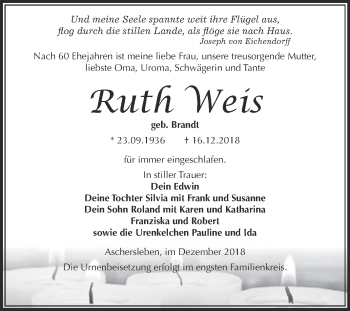 Traueranzeige von Ruth Weis von Super Sonntag Aschersleben