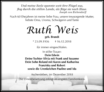 Traueranzeige von Ruth Weis von Mitteldeutsche Zeitung Aschersleben