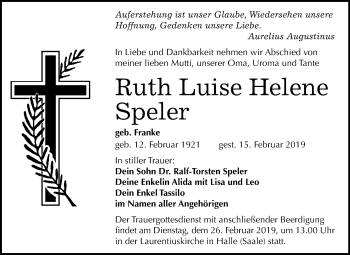 Traueranzeige von Ruth Luise Helene Speler von Mitteldeutsche Zeitung Halle/Saalkreis