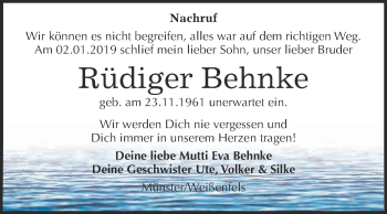 Traueranzeige von Rüdiger Behnke von WVG - Wochenspiegel NMB / WSF / ZTZ
