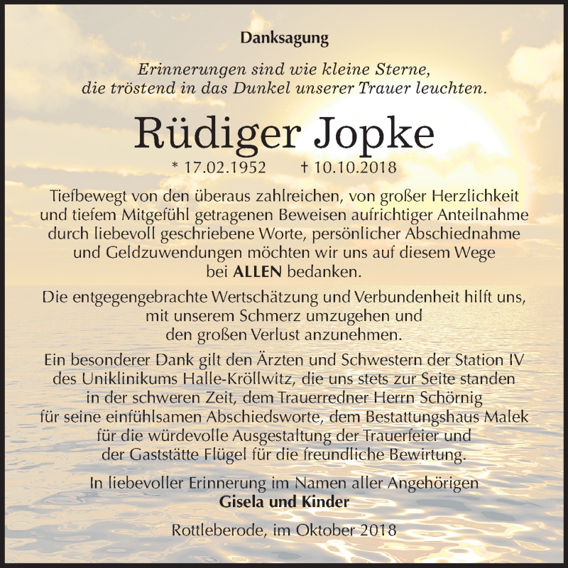  Traueranzeige für Rüdiger Jopke vom 03.11.2018 aus Mitteldeutsche Zeitung Sangerhausen