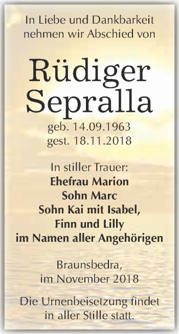 Traueranzeige von Rüdiger Sepralla von WVG - Wochenspiegel Merseburg