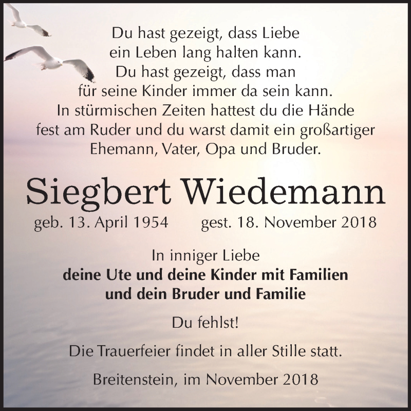  Traueranzeige für Siegbert Wiedemann vom 24.11.2018 aus Mitteldeutsche Zeitung Sangerhausen
