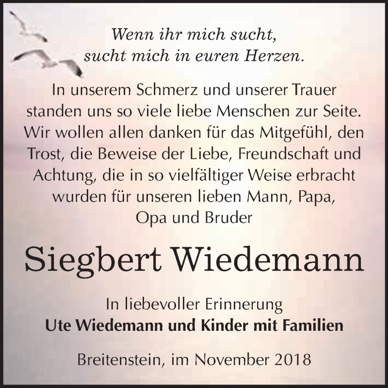  Traueranzeige für Siegbert Wiedemann vom 08.12.2018 aus Super Sonntag SGH Mansf. Land