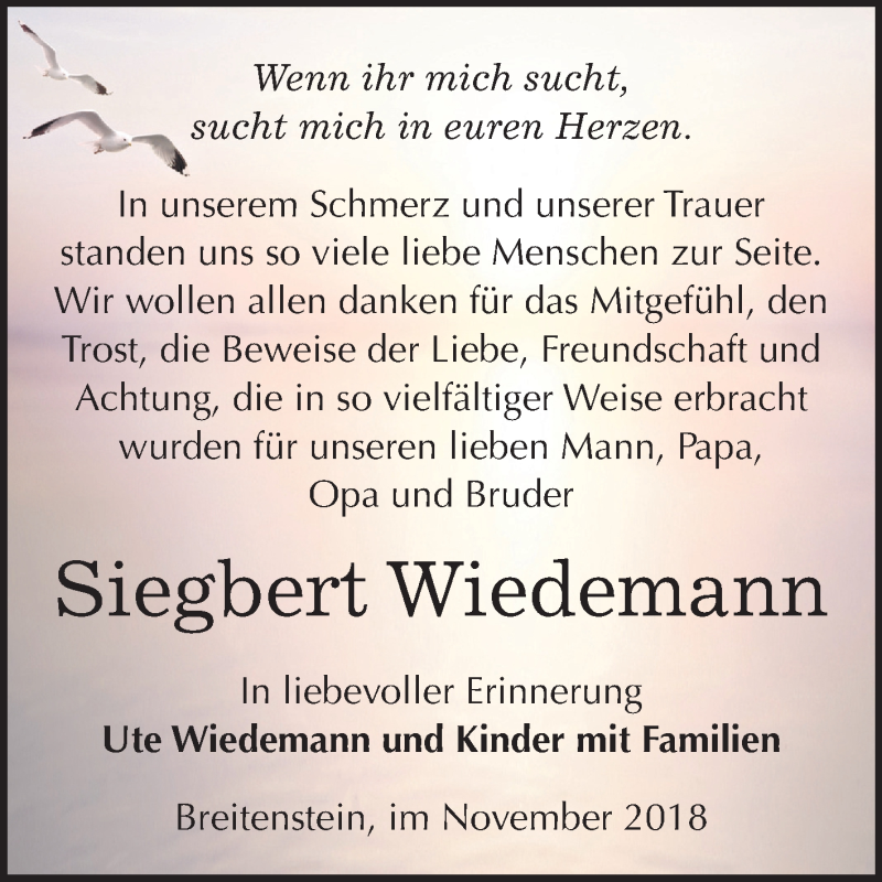  Traueranzeige für Siegbert Wiedemann vom 08.12.2018 aus Mitteldeutsche Zeitung Sangerhausen