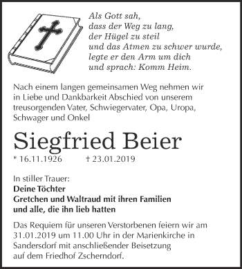 Traueranzeige von Siegfried Beier von WVG - Wochenspiegel Bitterfeld