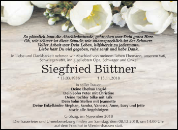 Traueranzeige von Siegfried Büttner von WVG - Wochenspiegel Dessau / Köthen