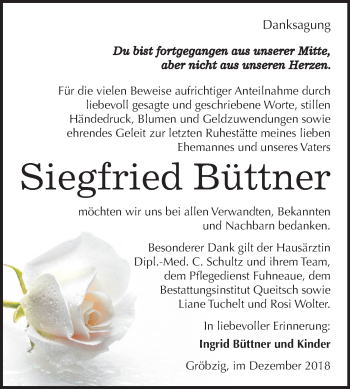 Traueranzeige von Siegfried Büttner von Mitteldeutsche Zeitung Köthen