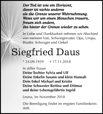 Traueranzeige von Siegfried Daus von Mitteldeutsche Zeitung Merseburg/Querfurt