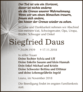Traueranzeige von Siegfried Daus von WVG - Wochenspiegel NMB / WSF / ZTZ