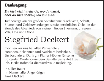 Traueranzeige von Siegfried Deckert von WVG - Wochenspiegel Dessau / Köthen